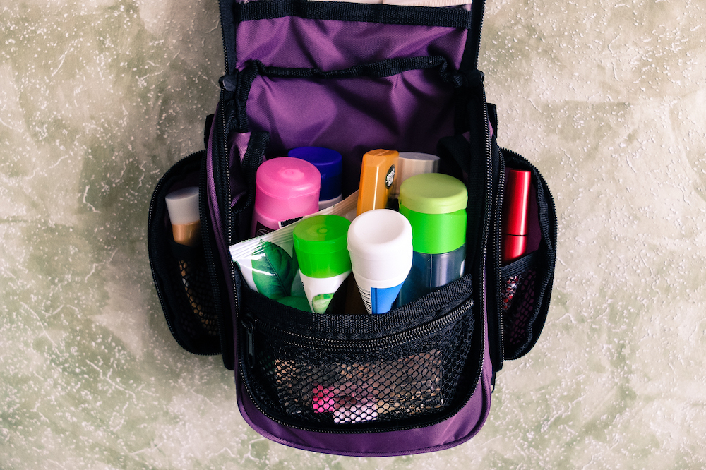 Toiletries in a toiletry bag