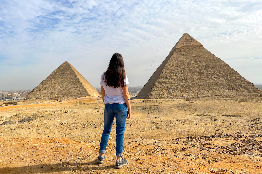 Una Admiring Pyramids in Cairo